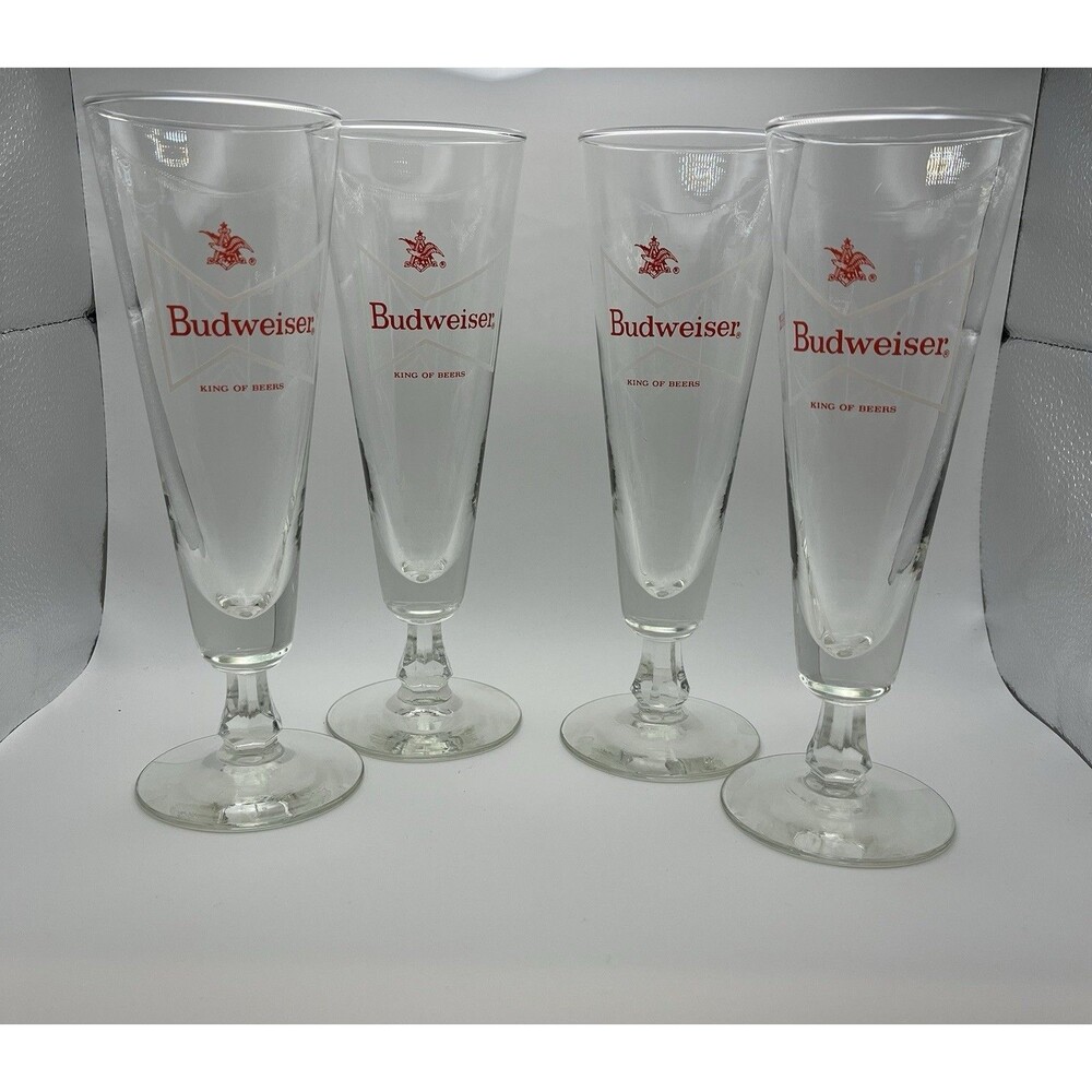 (4) Vintage Budweiser King of Beer Footed Pilsner glasses White Bowtie‎ Logo Bar